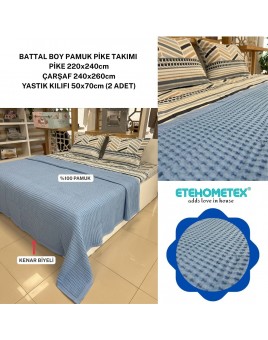 ETEHOMETEX ÇİFT KİŞİLİK HAVUZLU PİKE TAKIMI MAVİ 8696474231882